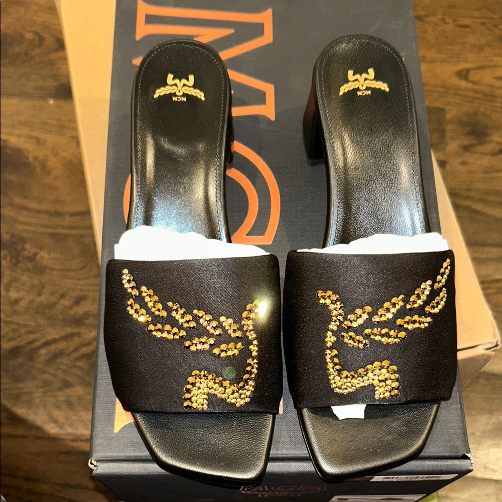 MCM Black and Gold Embellished Mules